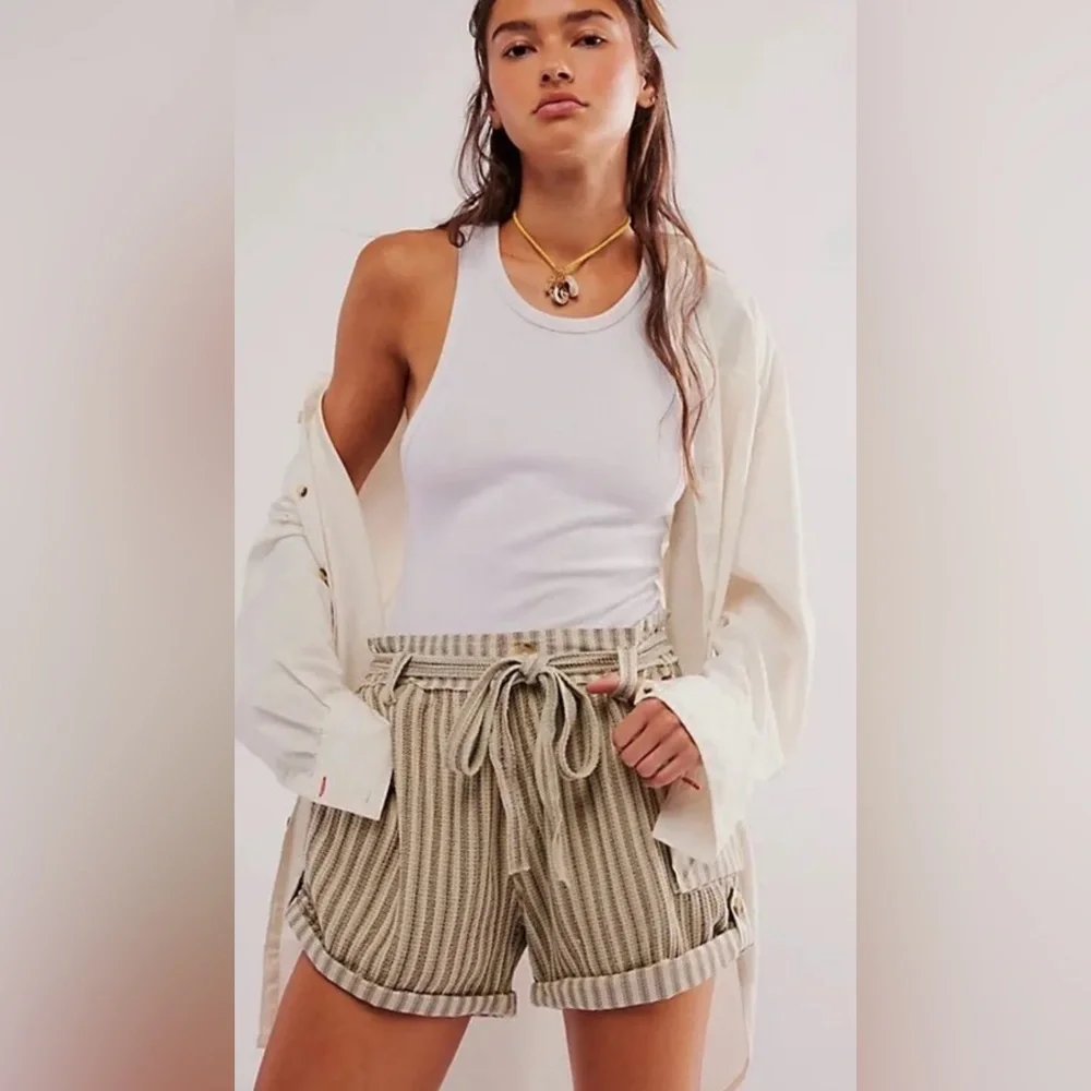 NWOT Free People Harriet Striped Shorts XS Brown Cream Combo New $78 FP One - Picture 3 of 6
